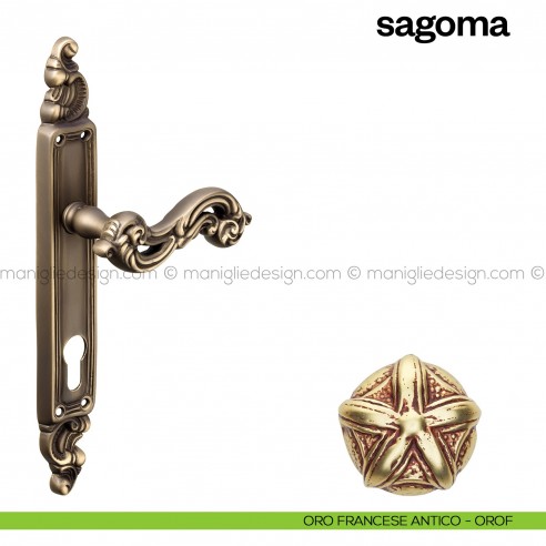 Maniglia per porta con placca Sagoma Poggi Mariani oro francese antico - OROF foro yale