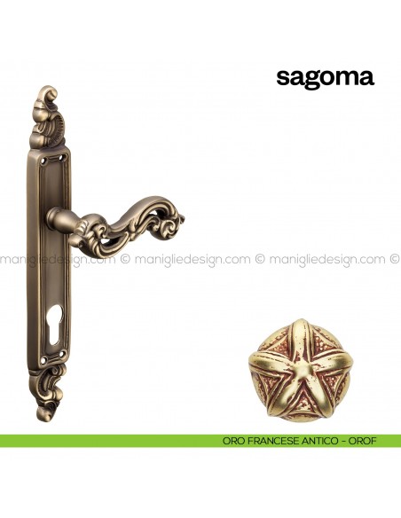 Maniglia per porta con placca Sagoma Poggi Mariani oro francese antico - OROF foro yale