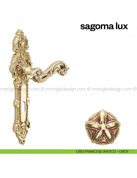 Maniglia per porta con placca Sagoma Lux Poggi Mariani oro francese antico - OROF foro patent