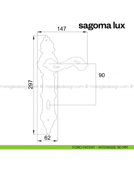 Maniglia per porta con placca Sagoma Lux Poggi Mariani foro patent interasse 90 mm