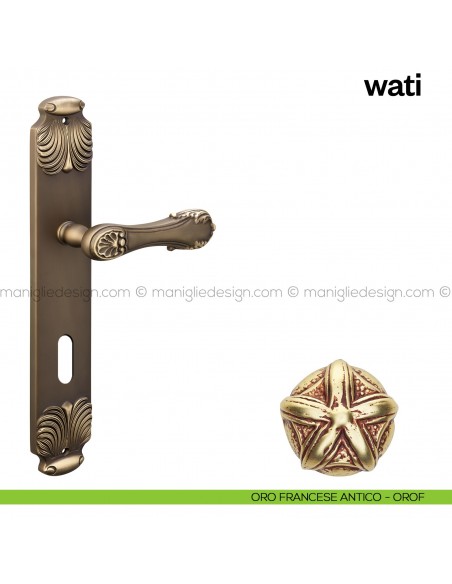 Maniglia per porta con placca Wati Poggi Mariani placcato oro francese antico - OROF foro patent