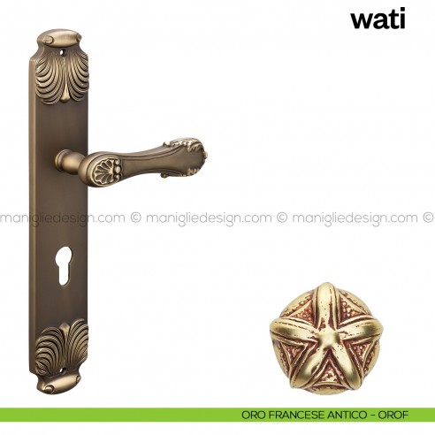 Maniglia per porta con placca Wati Poggi Mariani oro francese antico - OROF foro yale