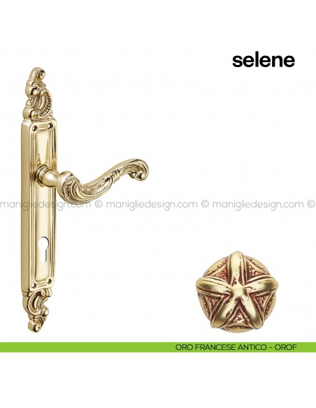 Maniglia per porta con placca Selene Poggi Mariani oro francese antico - OROF foro yale
