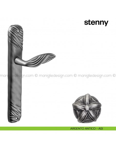 Maniglia per porta con placca Stenny Poggi Mariani argento antico - ASI cieca