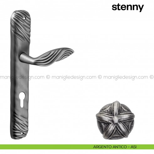 Maniglia per porta con placca Stenny Poggi Mariani argento antico - ASI foro yale