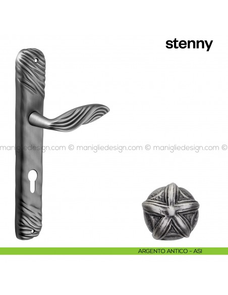 Maniglia per porta con placca Stenny Poggi Mariani argento antico - ASI foro yale