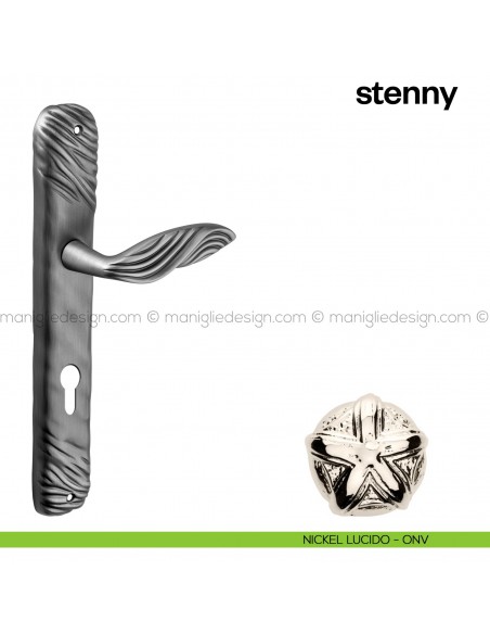Maniglia per porta con placca Stenny Poggi Mariani nickel lucido - ONV foro yale