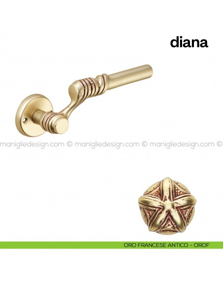 Maniglia per porta Diana Poggi Mariani con rosetta tonda oro francese antico - OROF
