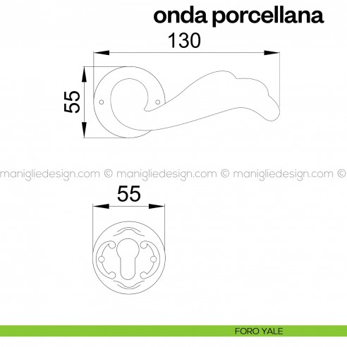 Maniglia in porcellana beige chiaro filo oro per porta Onda Poggi Mariani con rosetta artistica foro yale