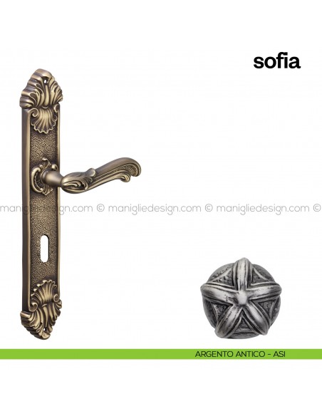 Maniglia per porta con placca Sofia Poggi Mariani argento antico - ASI foro patent