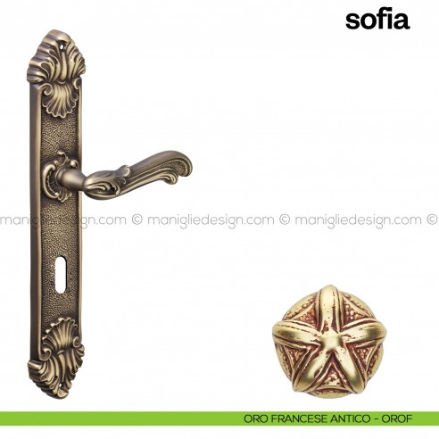 Maniglia per porta con placca Sofia Poggi Mariani oro francesce antico - OROF foro patent	