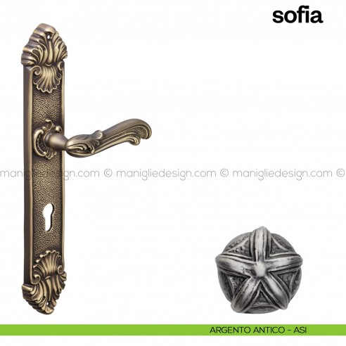 Maniglia per porta con placca Sofia Poggi Mariani argento antico - ASI foro yale