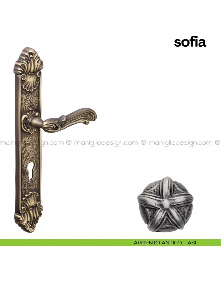 Maniglia per porta con placca Sofia Poggi Mariani argento antico - ASI foro yale