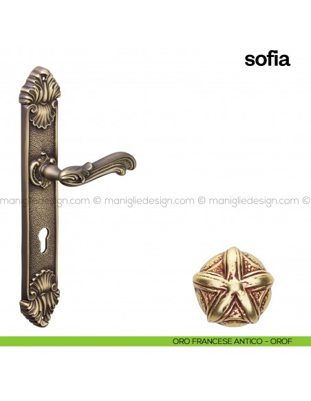 Maniglia per porta con placca Sofia Poggi Mariani oro francesce antico - OROF foro yale