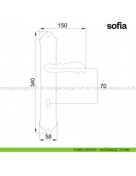 Maniglia per porta con placca Sofia Poggi Mariani foro patent interasse 70 mm