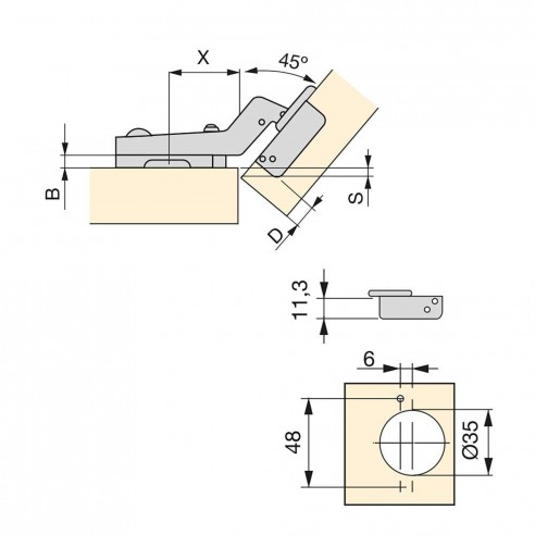 Emuca Cerniera a scodellino, D. 35 mm, braccio angolare 45º, chiusura ammortizzata, con basetta, 10 u.