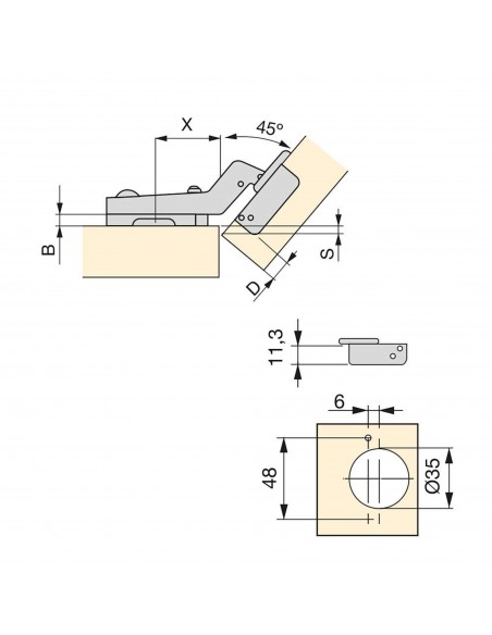 Emuca Cerniera a scodellino, D. 35 mm, braccio angolare 45º, chiusura ammortizzata, con basetta, 10 u.