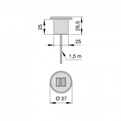 Emuca Connettore rotondo a incasso, 2 USB, D. 37 mm, Plastica, Nero