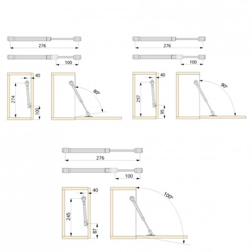 Emuca Pistone a gas per ante a ribalta, forza 12 kg, corsa 100 mm, Grigio metallizzato, 10 u.
