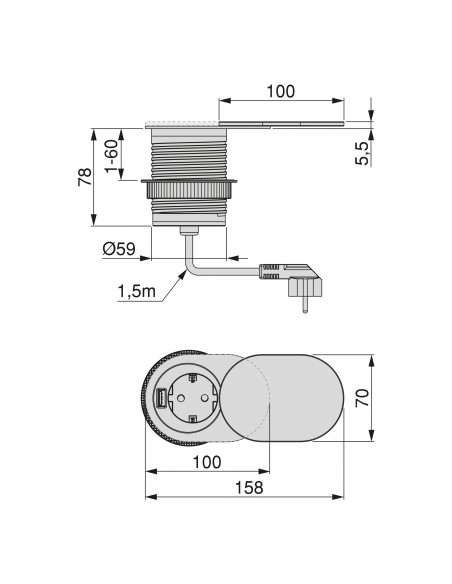 Emuca Multiconnettore Vertikal Flat 60, Acciaio inossidabile, Acciaio e Tecnoplastica