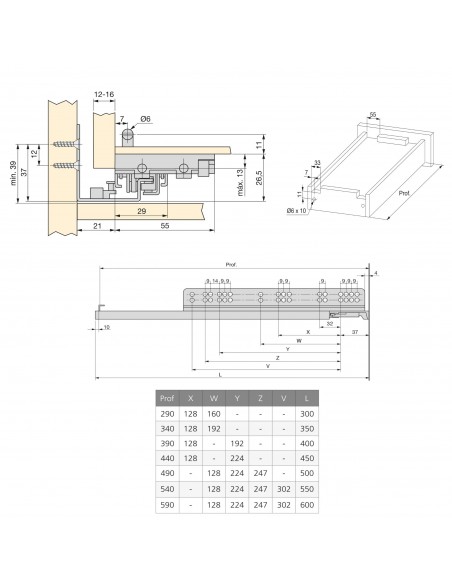 Emuca Guide a scomparsa Slippe per cassetti ad estrazione totale con chiusura soft e aggancio, 440, Zincato bianco