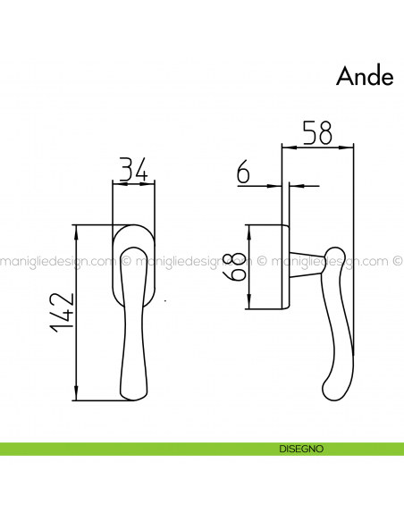 Maniglia per finestra martellina DK Ande Mandelli disegno