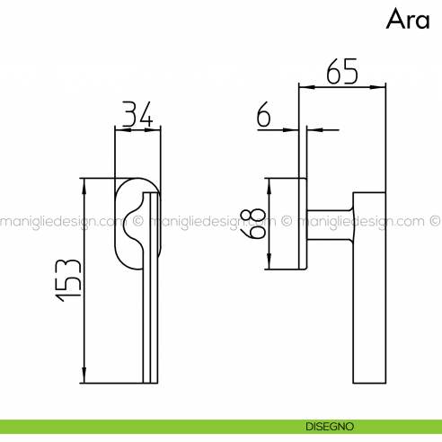 Maniglia per finestra martellina DK Ara Mandelli disegno