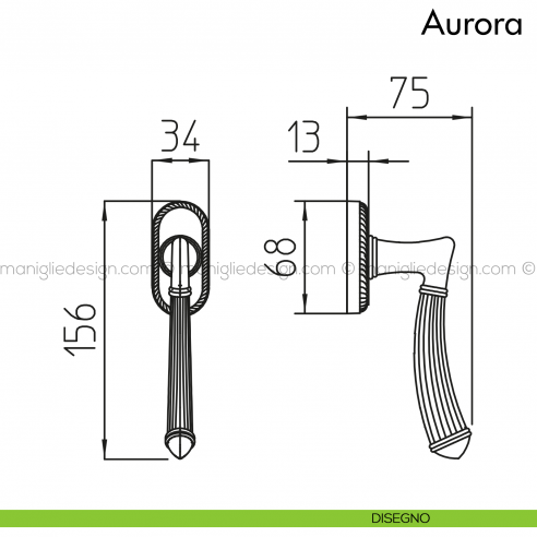 Maniglia per finestra martellina DK Aurora Mandelli disegno