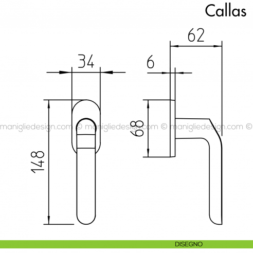 Maniglia per finestra martellina DK Callas Mandelli disegno