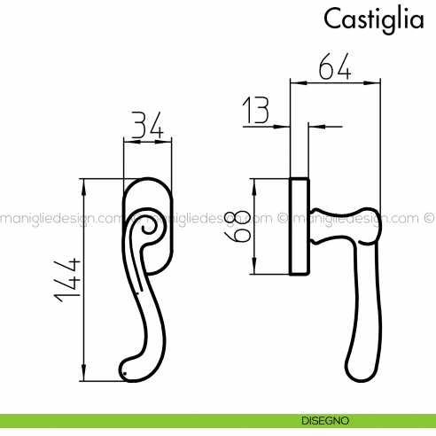 Maniglia per finestra martellina DK Castiglia Mandelli disegno