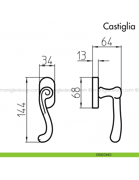 Maniglia per finestra martellina DK Castiglia Mandelli disegno