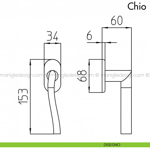 Maniglia per finestra martellina DK Chio Mandelli disegno