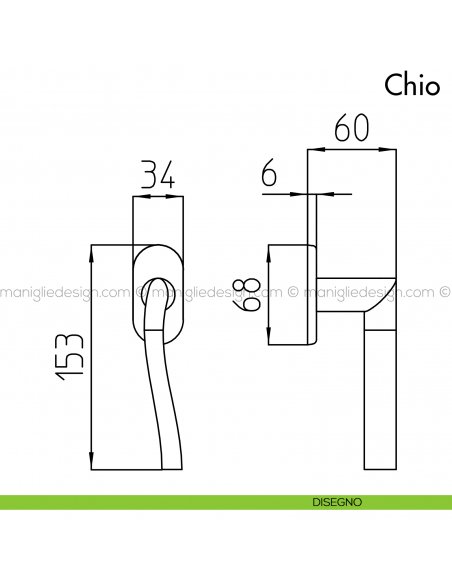 Maniglia per finestra martellina DK Chio Mandelli disegno