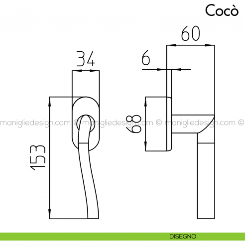 Maniglia per finestra martellina DK Cocò Mandelli disegno