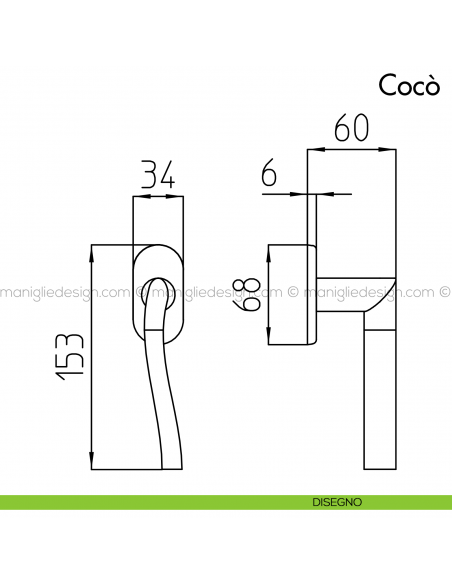 Maniglia per finestra martellina DK Cocò Mandelli disegno