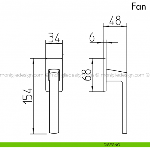 Maniglia per finestra martellina DK Fan Mandelli disegno