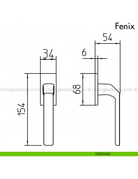 Maniglia per finestra martellina DK Fenix Mandelli disegno