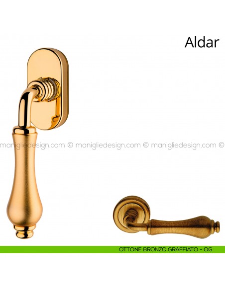 Maniglia per finestra martellina DK Aldar Linea Calì ottone bronzato graffiato