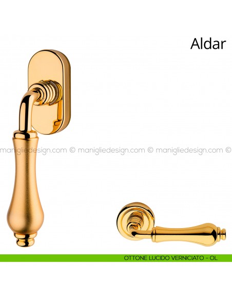 Maniglia per finestra martellina DK Aldar Linea Calì ottone lucido verniciato