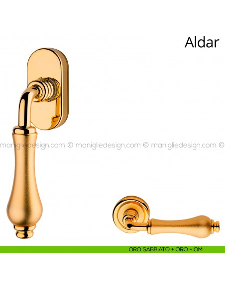 Maniglia per finestra martellina DK Aldar Linea Calì oro sabbiato + oro