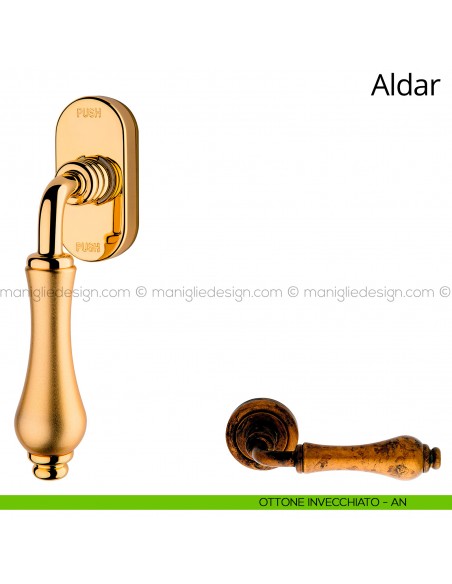 Maniglia per finestra martellina DK antintrusione Aldar Linea Calì ottone invecchiato