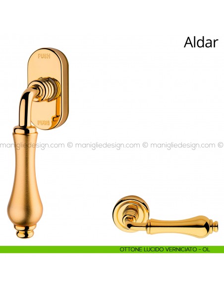 Maniglia per finestra martellina DK antintrusione Aldar Linea Calì ottone lucido verniciato