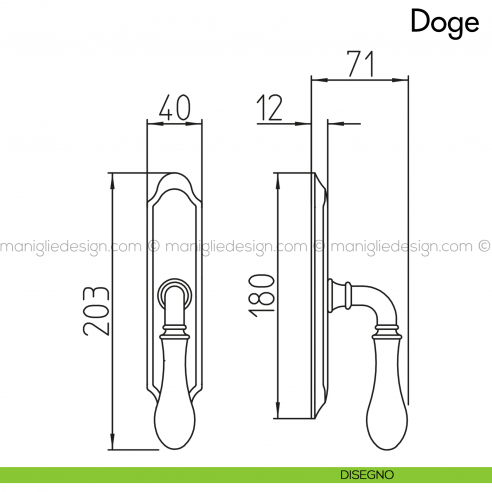 Maniglia per finestra cremonese Doge con porcellana Mandelli disegno