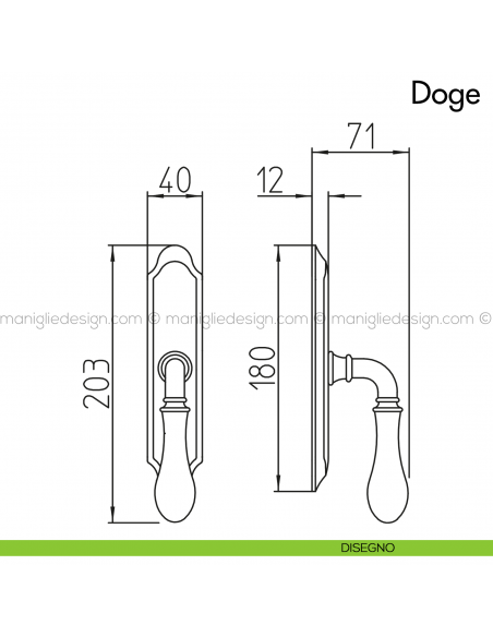 Maniglia per finestra cremonese Doge con porcellana Mandelli disegno