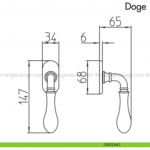 Maniglia per finestra martellina DK Doge con porcellana Mandelli disegno