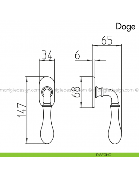Maniglia per finestra martellina DK Doge con porcellana Mandelli disegno