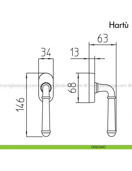 Maniglia per finestra martellina DK Hartù Mandelli disegno