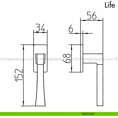 Maniglia per finestra martellina DK Life Mandelli disegno