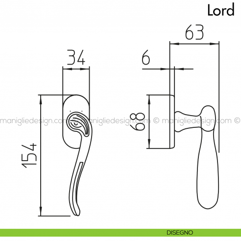 Maniglia per finestra martellina DK Lord Mandelli disegno