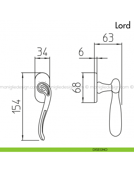 Maniglia per finestra martellina DK Lord Mandelli disegno